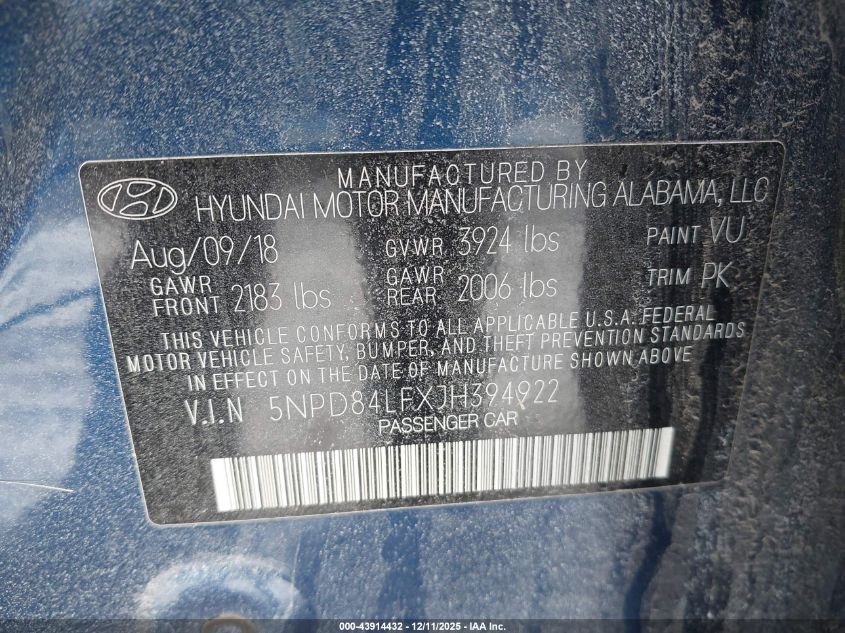 2018 Hyundai Elantra Value Edition VIN: 5NPD84LFXJH394922 Lot: 43914432