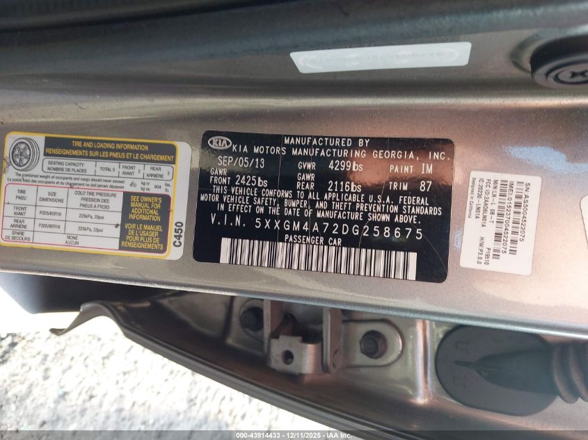 2013 Kia Optima Lx VIN: 5XXGM4A72DG258675 Lot: 43914433