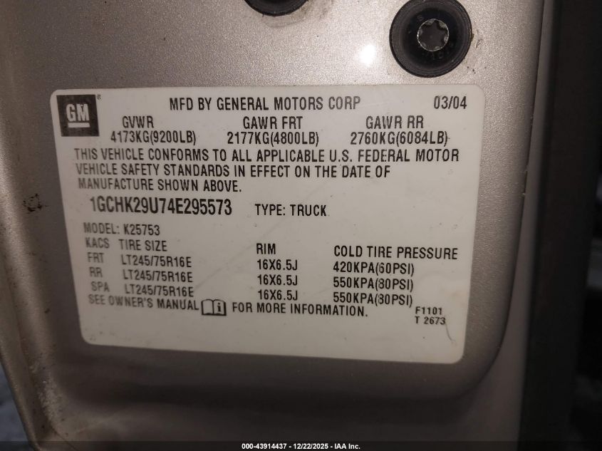 2004 Chevrolet Silverado 2500Hd Ls VIN: 1GCHK29U74E295573 Lot: 43914437