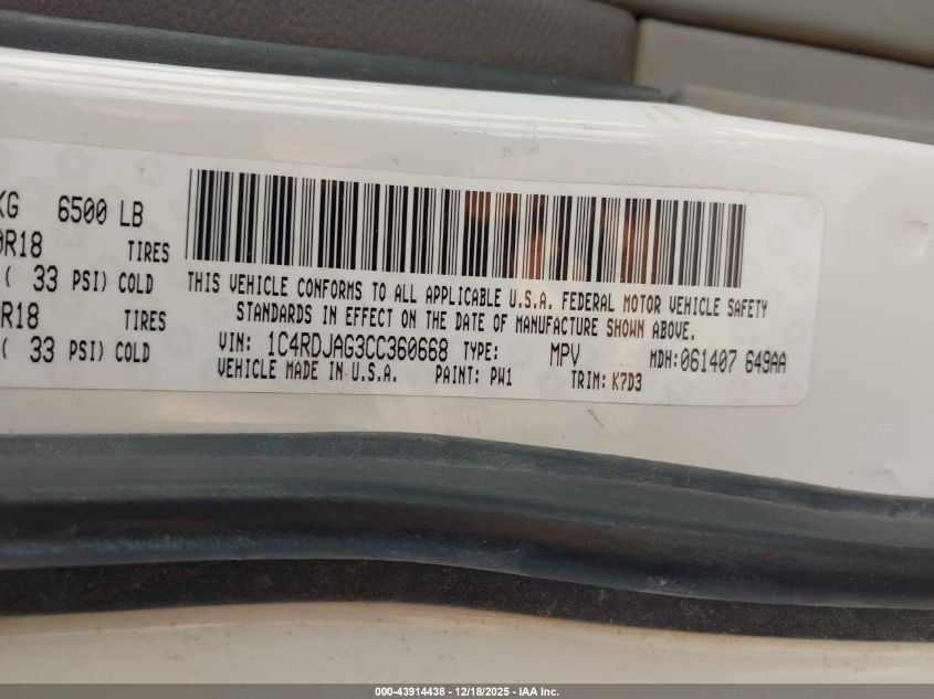 2012 Dodge Durango Sxt VIN: 1C4RDJAG3CC360668 Lot: 43914438