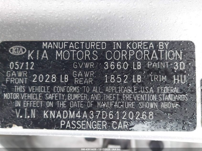 2013 Kia Rio Lx VIN: KNADM4A37D6120268 Lot: 43914439