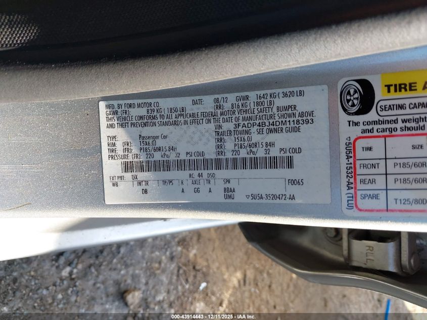 2013 Ford Fiesta Se VIN: 3FADP4BJ4DM118393 Lot: 43914443