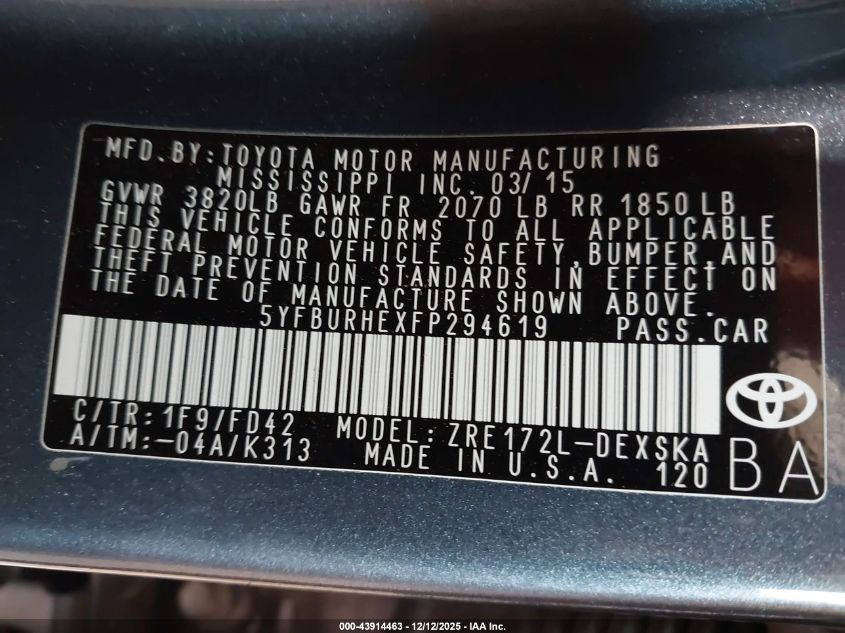 2015 Toyota Corolla S Plus VIN: 5YFBURHEXFP294619 Lot: 43914463