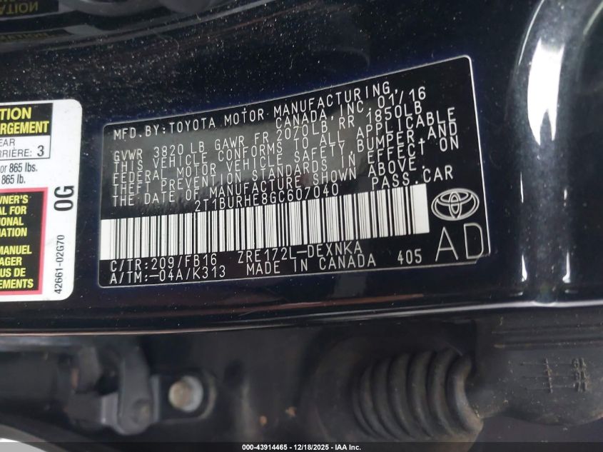 2016 Toyota Corolla Le VIN: 2T1BURHE8GC607040 Lot: 43914465