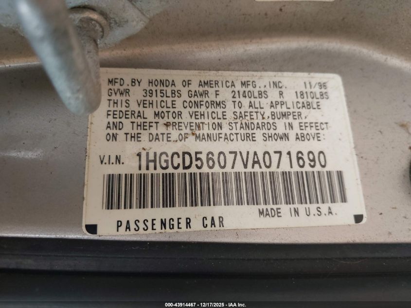 1997 Honda Accord Se VIN: 1HGCD5607VA071690 Lot: 43914467