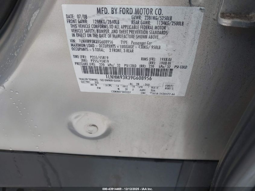 2009 Lincoln Mks VIN: 1LNHM93R39G608956 Lot: 43914469