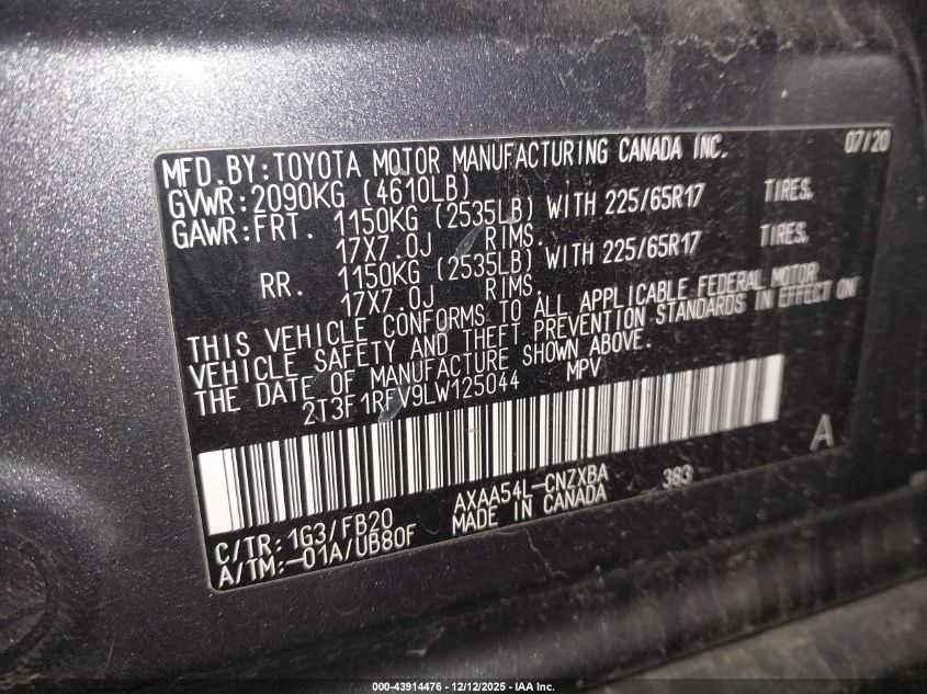 2020 Toyota Rav4 Le VIN: 2T3F1RFV9LW125044 Lot: 43914476