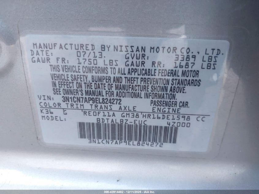 2014 Nissan Versa 1.6 Sv VIN: 3N1CN7AP9EL824272 Lot: 43914482