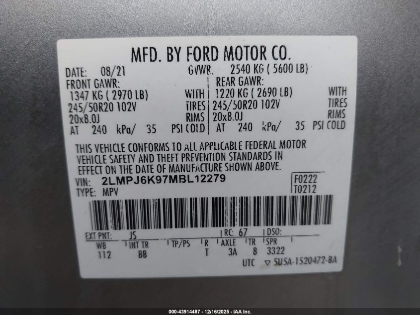 2021 Lincoln Nautilus Reserve VIN: 2LMPJ6K97MBL12279 Lot: 43914487