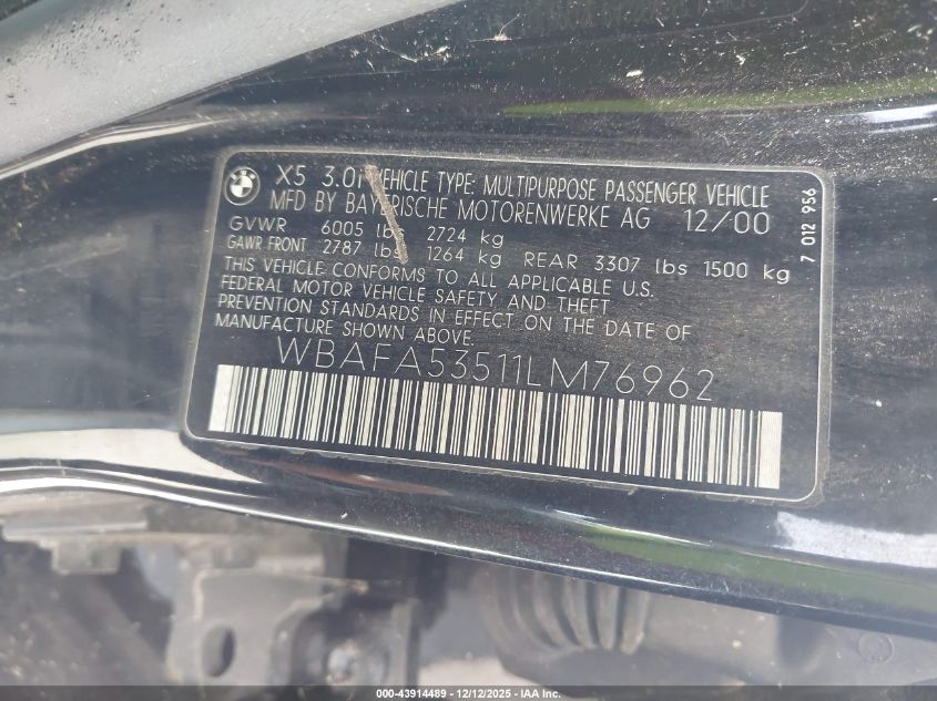 2001 BMW X5 3.0 VIN: WBAFA53511LM76962 Lot: 43914489