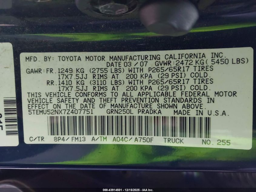 2007 Toyota Tacoma Base V6 VIN: 5TEMU52NX7Z407751 Lot: 43914501