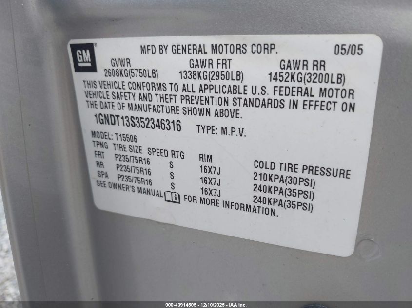 2005 Chevrolet Trailblazer Ls VIN: 1GNDT13S352346316 Lot: 43914505