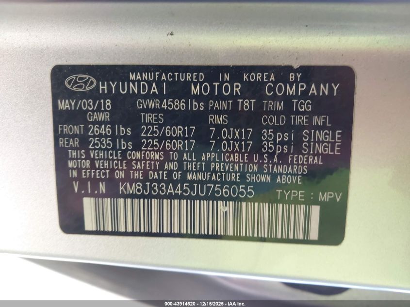 2018 Hyundai Tucson Sel VIN: KM8J33A45JU756055 Lot: 43914520