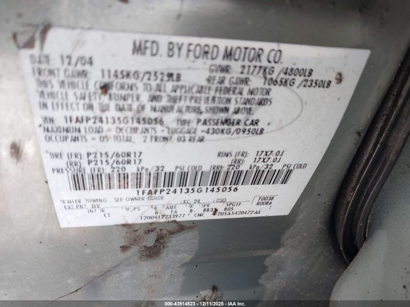 2005 Ford Five Hundred Sel VIN: 1FAFP24135G145056 Lot: 43914523