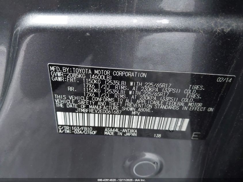 2014 Toyota Rav4 Le VIN: JTMBFREV2ED061687 Lot: 43914528