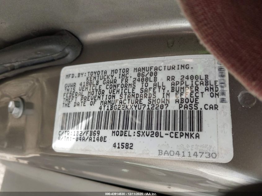 2000 Toyota Camry Le VIN: 4T1BG22KXYU712207 Lot: 43914530