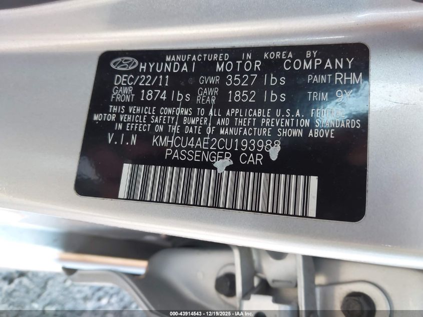 2012 Hyundai Accent Gls VIN: KMHCU4AE2CU193988 Lot: 43914543