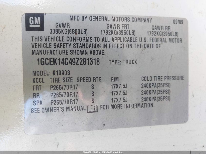 2009 Chevrolet Silverado 1500 Work Truck VIN: 1GCEK14C49Z281318 Lot: 43914546