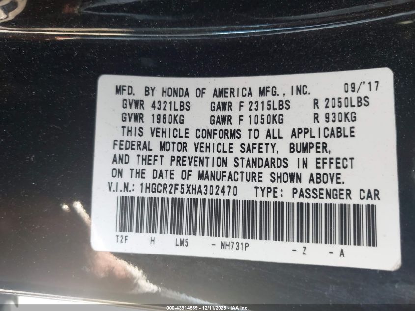 2017 Honda Accord Sport VIN: 1HGCR2F5XHA302470 Lot: 43914559