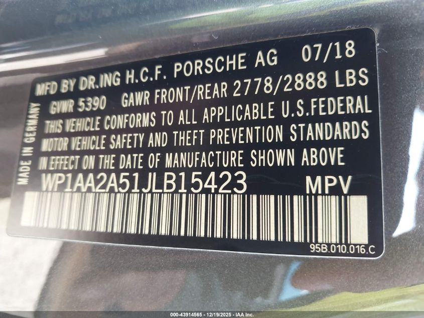 2018 Porsche Macan VIN: WP1AA2A51JLB15423 Lot: 43914565