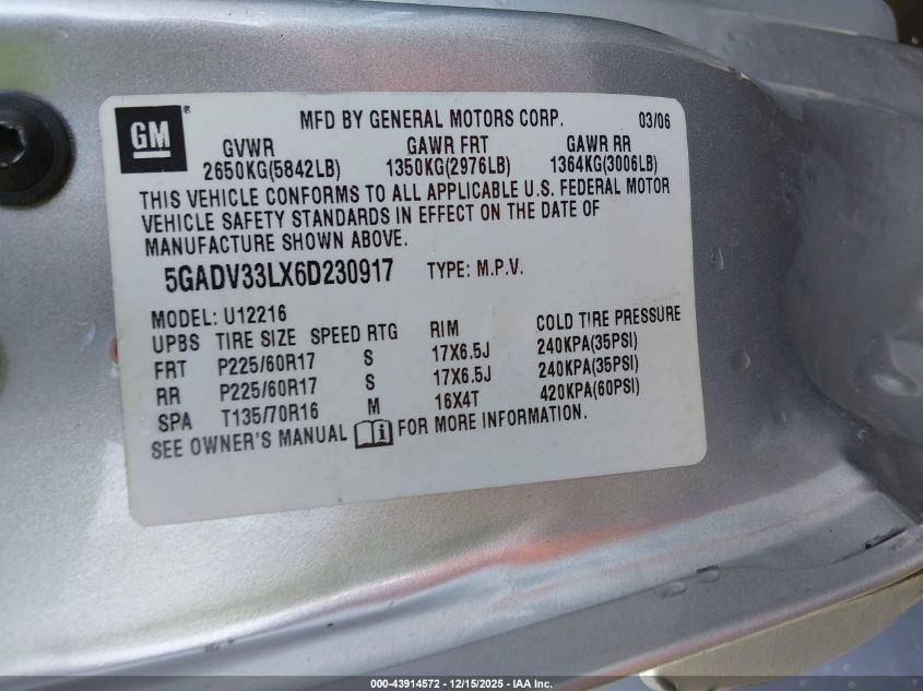 2006 Buick Terraza Cxl VIN: 5GADV33LX6D230917 Lot: 43914572