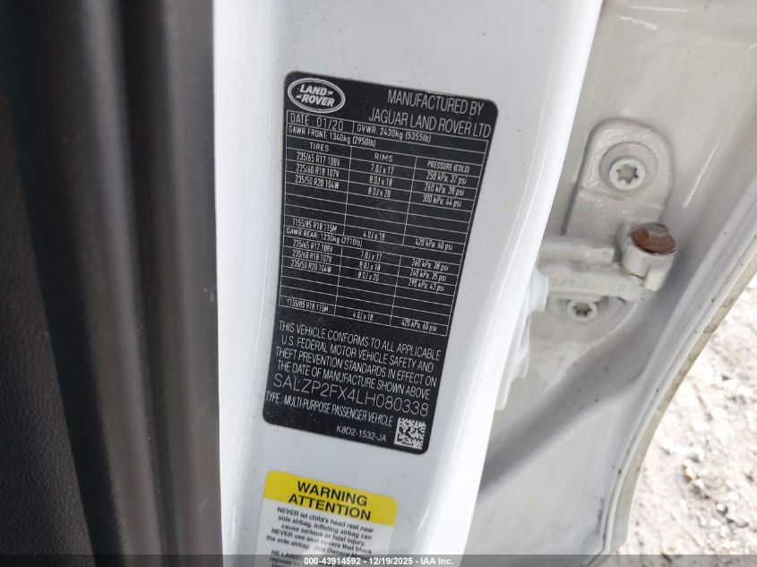 2020 Land Rover Range Rover Evoque Se VIN: SALZP2FX4LH080338 Lot: 43914592