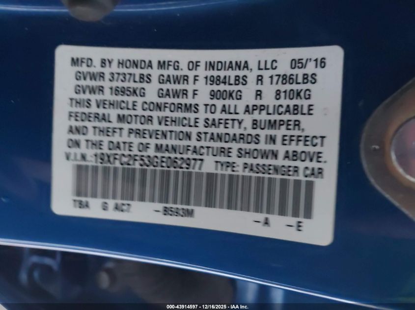 2016 Honda Civic Lx VIN: 19XFC2F53GE062977 Lot: 43914597