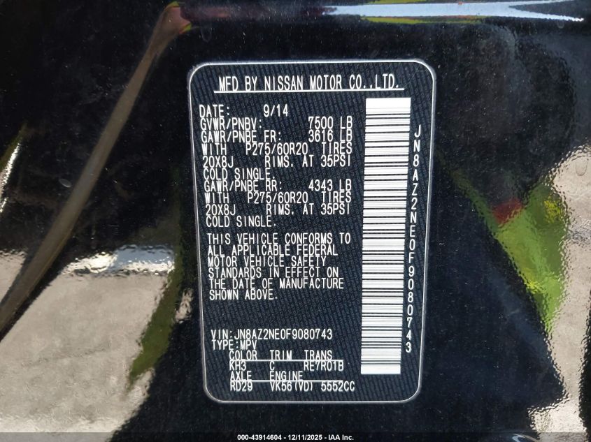 2015 Infiniti Qx80 VIN: JN8AZ2NE0F9080743 Lot: 43914604