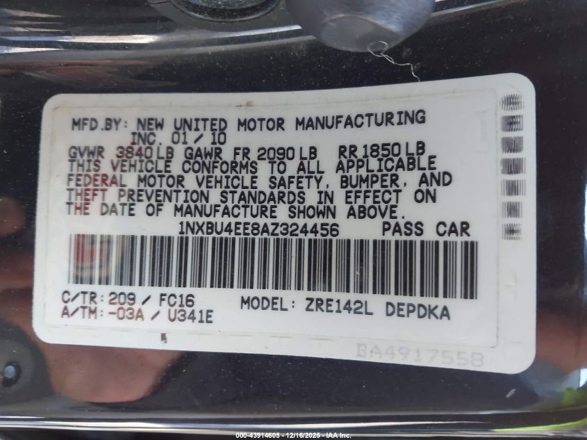 2010 Toyota Corolla Le VIN: 1NXBU4EE8AZ324456 Lot: 43914605