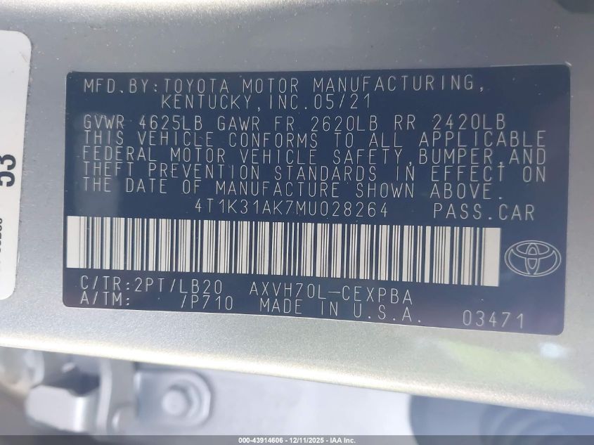 2021 Toyota Camry Xse Hybrid VIN: 4T1K31AK7MU028264 Lot: 43914606