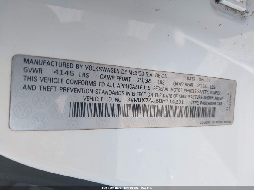 2011 Volkswagen Jetta 2.5L Se VIN: 3VWBX7AJ6BM114201 Lot: 43914620