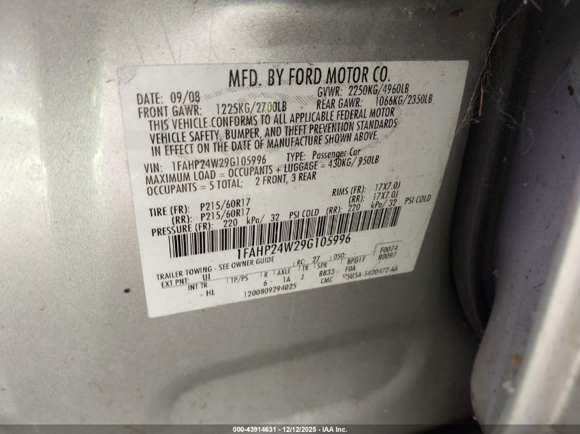 2009 Ford Taurus Sel VIN: 1FAHP24W29G105996 Lot: 43914631