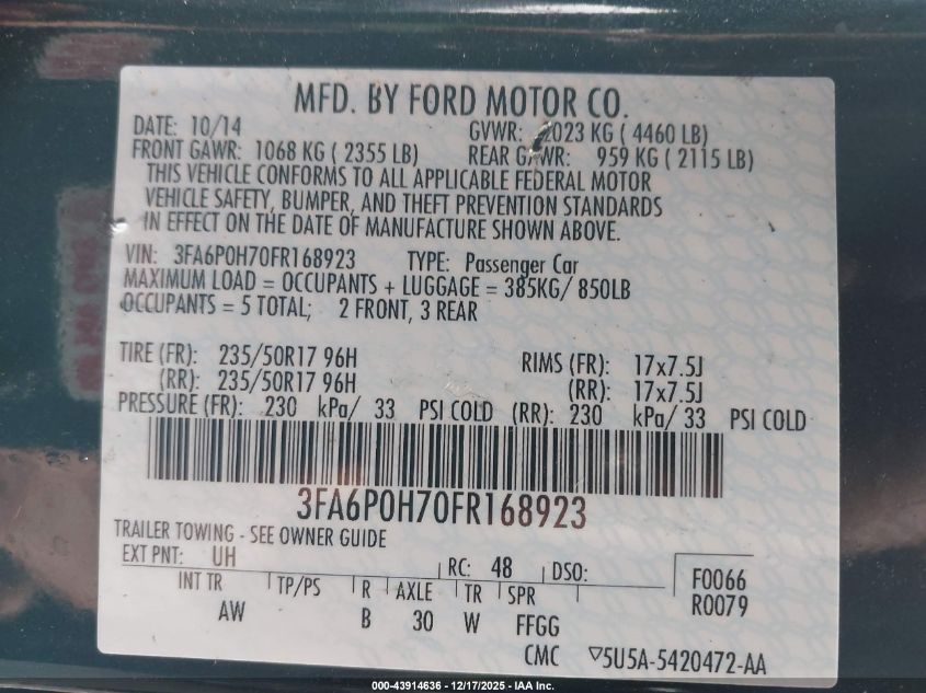 2015 Ford Fusion Se VIN: 3FA6P0H70FR168923 Lot: 43914636