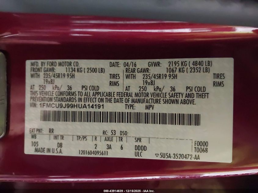 2017 Ford Escape Titanium VIN: 1FMCU9J99HUA14191 Lot: 43914639