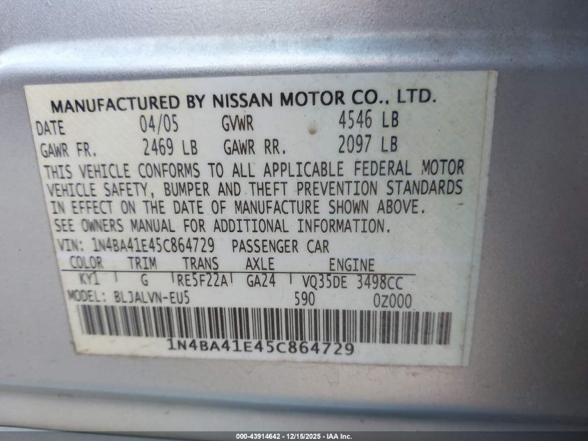 2005 Nissan Maxima 3.5 Sl VIN: 1N4BA41E45C864729 Lot: 43914642
