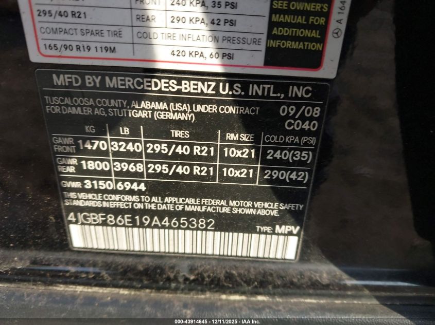 2009 Mercedes-Benz Gl 550 4Matic VIN: 4JGBF86E19A465382 Lot: 43914645