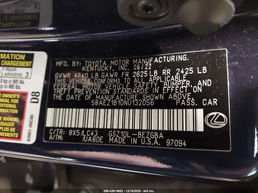 2022 Lexus Es 350 Luxury VIN: 58AEZ1B10NU132056 Lot: 43914652