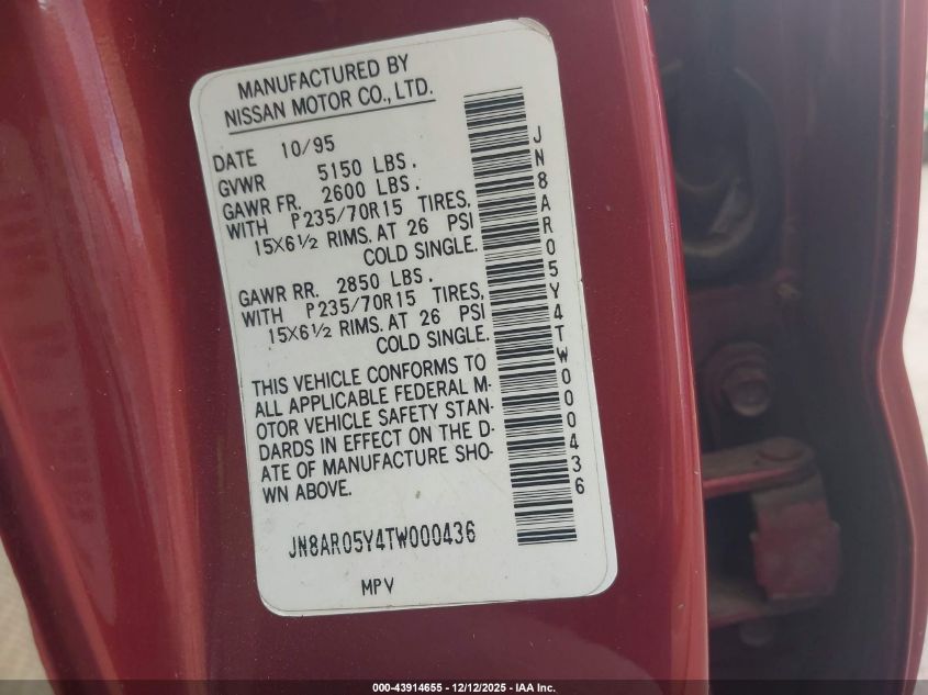 1996 Nissan Pathfinder Le/Se/Xe VIN: JN8AR05Y4TW000436 Lot: 43914655