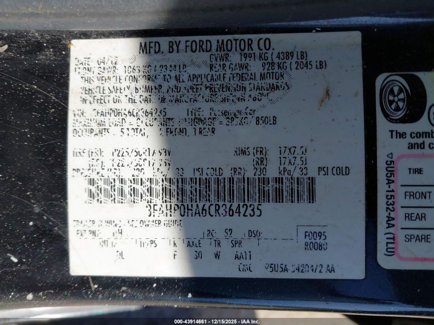 2012 Ford Fusion Se VIN: 3FAHP0HA6CR364235 Lot: 43914661