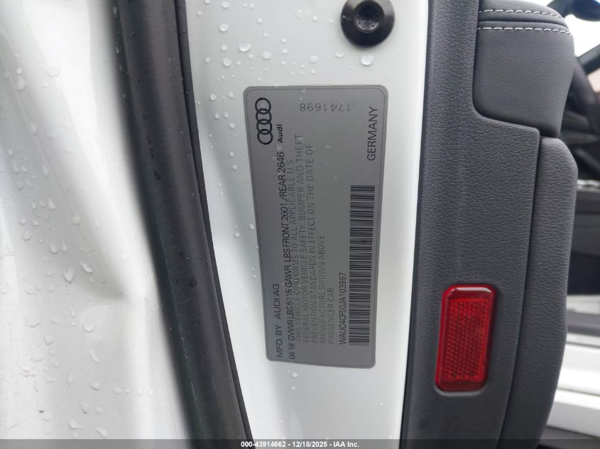 2018 Audi S5 3.0T Premium Plus VIN: WAUC4CF50JA103997 Lot: 43914662