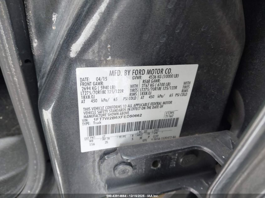 2015 Ford F-250 Xlt VIN: 1FT7W2B6XFED50662 Lot: 43914664