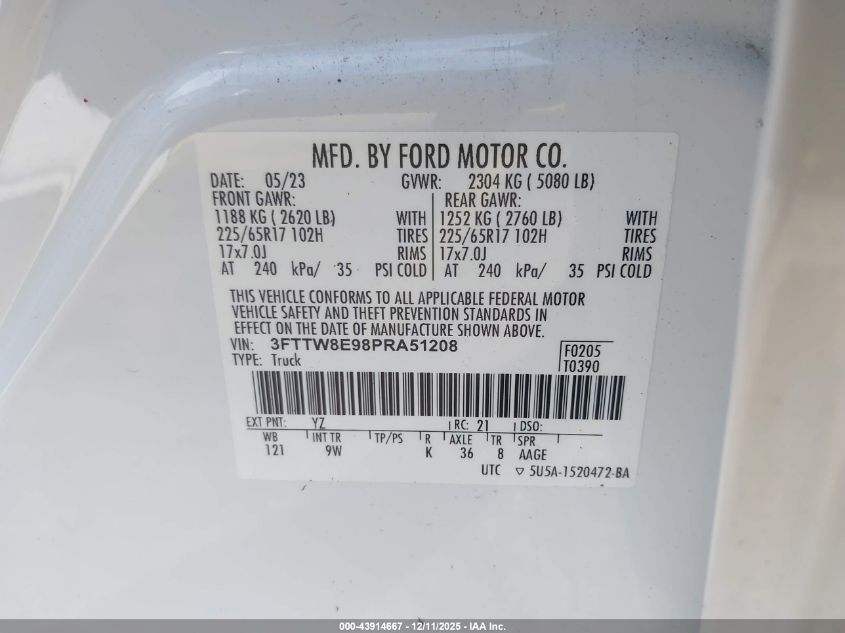 2023 Ford Maverick Xl VIN: 3FTTW8E98PRA51208 Lot: 43914667