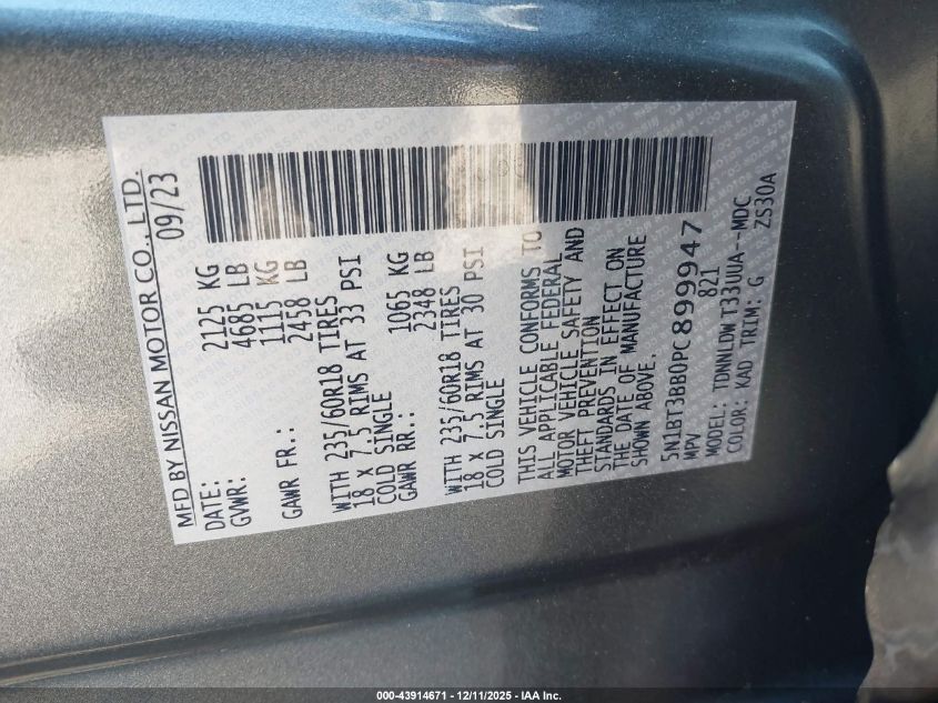 2023 Nissan Rogue Sv Intelligent Awd VIN: 5N1BT3BB0PC899947 Lot: 43914671