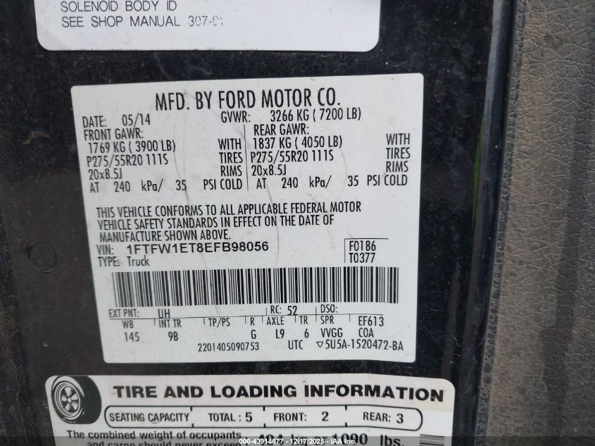 2014 Ford F-150 Platinum VIN: 1FTFW1ET8EFB98056 Lot: 43914677