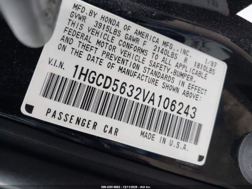 1997 Honda Accord Lx VIN: 1HGCD5632VA106243 Lot: 43914682