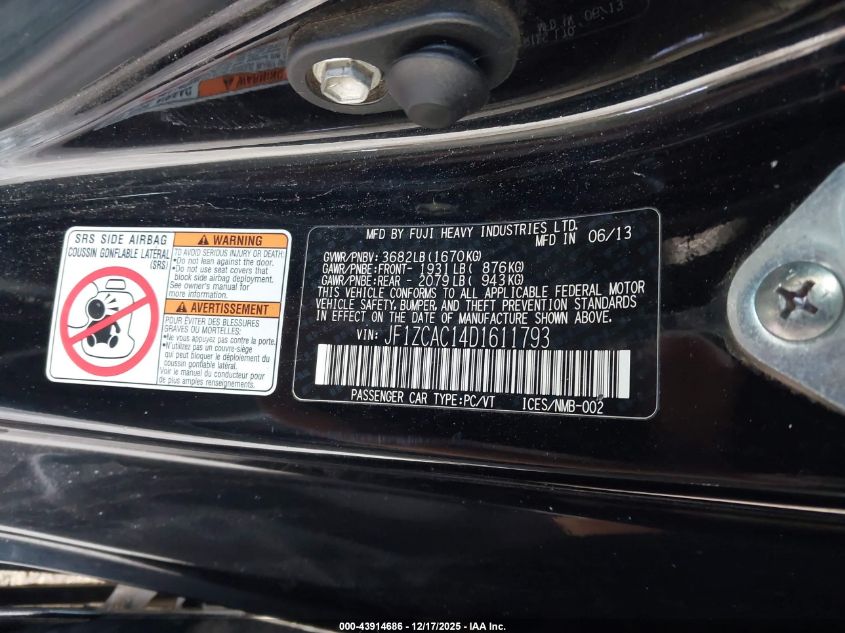 2013 Subaru Brz Limited VIN: JF1ZCAC14D1611793 Lot: 43914686