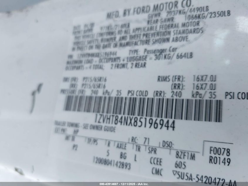 2008 Ford Mustang V6 Deluxe/V6 Premium VIN: 1ZVHT84NX85196944 Lot: 43914687