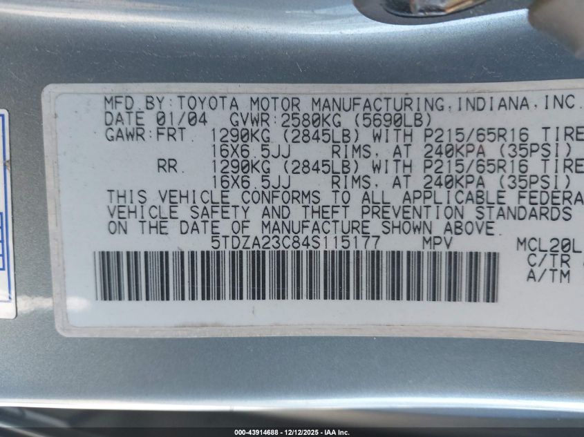 2004 Toyota Sienna Le VIN: 5TDZA23C84S115177 Lot: 43914688
