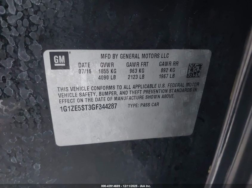 2016 Chevrolet Malibu 1Lt VIN: 1G1ZE5ST3GF344287 Lot: 43914689