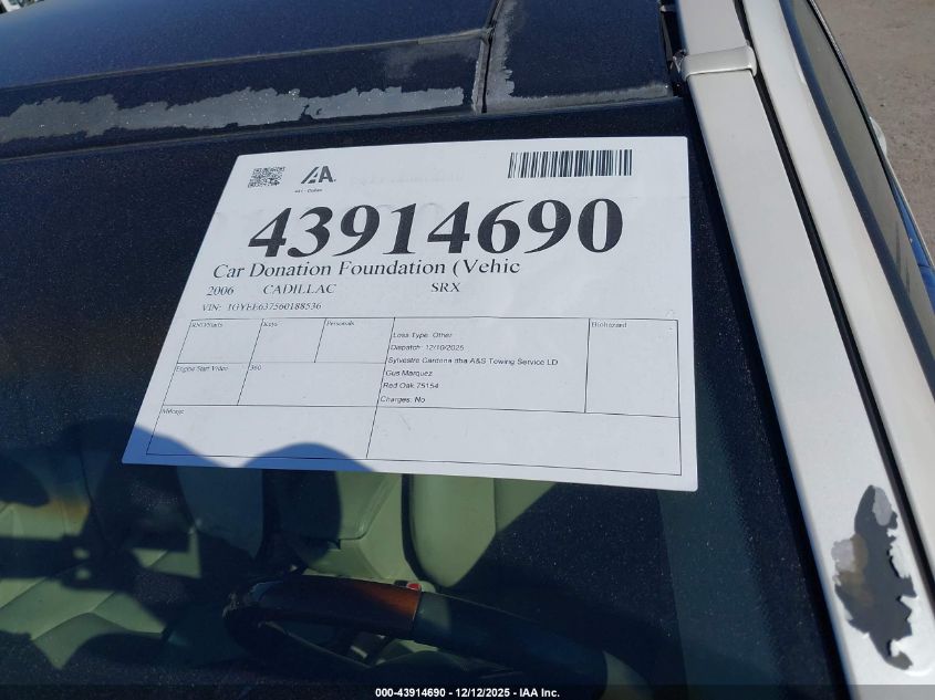 2006 Cadillac Srx V6 VIN: 1GYEE637560188536 Lot: 43914690